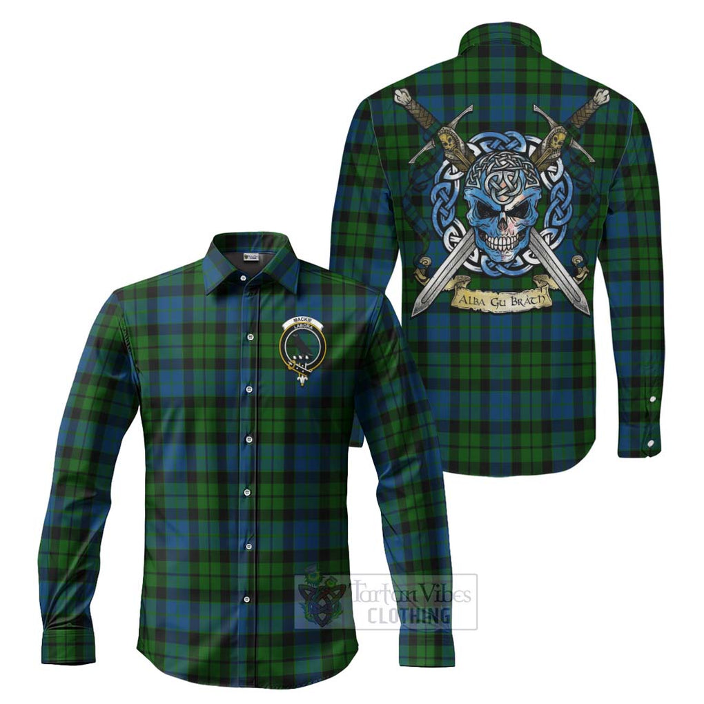 Tartan Vibes Clothing MacKie (McKie) Tartan Long Sleeve Button Shirt with Family Crest Celtic Skull Style