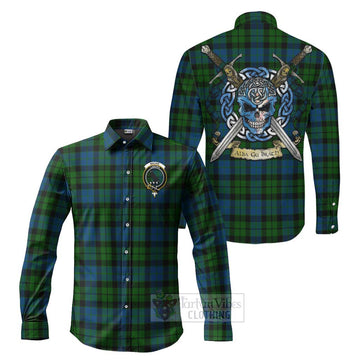 Tartan Vibes Clothing MacKie (McKie) Tartan Long Sleeve Button Shirt with Family Crest Celtic Skull Style