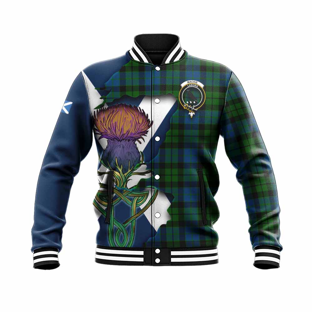 Tartan Vibes Clothing MacKie (McKie) Tartan Family Crest Baseball Jacket Scottish Thistle Celtic Inspired