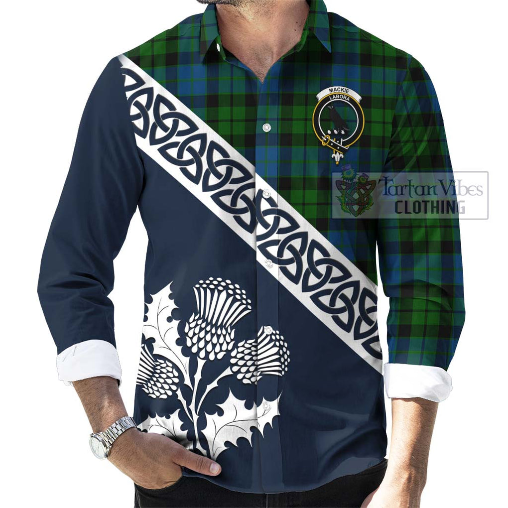 Tartan Vibes Clothing MacKie (McKie) Tartan Long Sleeve Button Shirt Featuring Thistle and Scotland Map