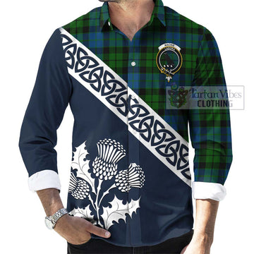 Tartan Vibes Clothing MacKie (McKie) Tartan Long Sleeve Button Shirt Featuring Thistle and Scotland Map