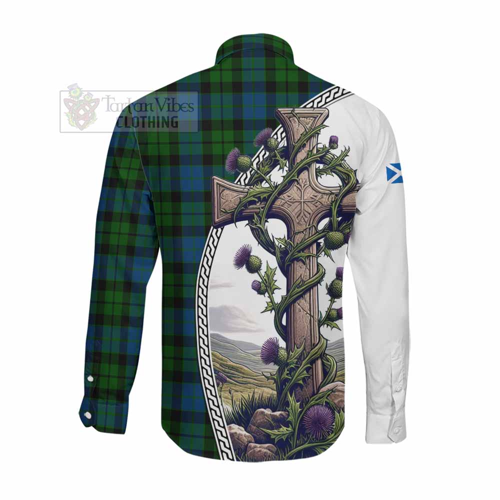 Tartan Vibes Clothing MacKie (McKie) Tartan Long Sleeve Button Shirt with Family Crest and St. Andrew's Cross Accented by Thistle Vines