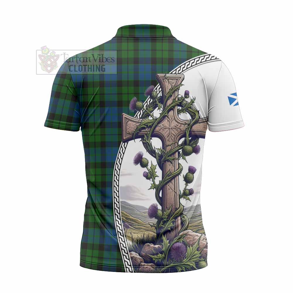 Tartan Vibes Clothing MacKie (McKie) Tartan Zipper Polo Shirt with Family Crest and St. Andrew's Cross Accented by Thistle Vines