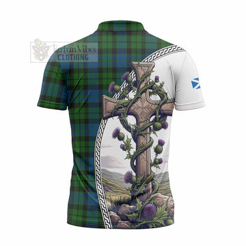 Tartan Vibes Clothing MacKie (McKie) Tartan Zipper Polo Shirt with Family Crest and St. Andrew's Cross Accented by Thistle Vines