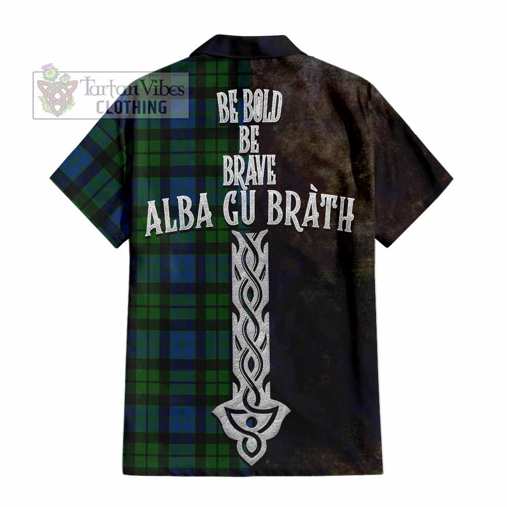 Tartan Vibes Clothing MacKie (McKie) Tartan Family Crest Short Sleeve Button Shirt Alba Gu Brath Be Brave Lion Ancient Style