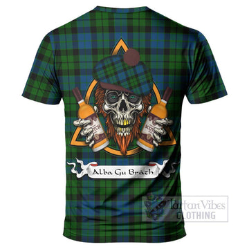 Tartan Vibes Clothing MacKie (McKie) Tartan T-Shirt with Family Crest and Bearded Skull Holding Bottles of Whiskey