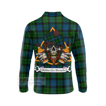 Tartan Vibes Clothing MacKie (McKie) Tartan Long Sleeve Polo Shirt with Family Crest and Bearded Skull Holding Bottles of Whiskey