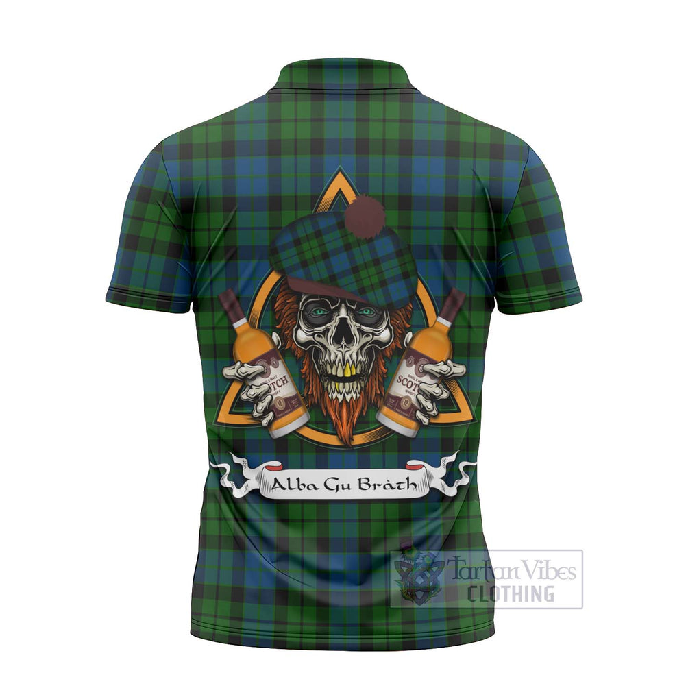 Tartan Vibes Clothing MacKie (McKie) Tartan Zipper Polo Shirt with Family Crest and Bearded Skull Holding Bottles of Whiskey
