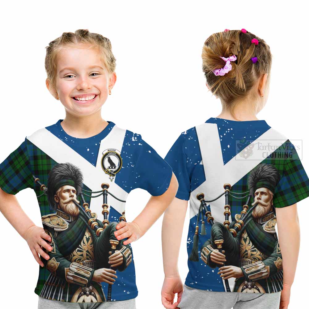 Tartan Vibes Clothing MacKie (McKie) Tartan Kid T-Shirt with Family Crest Scottish Bagpiper Vibes