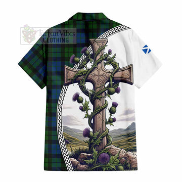 MacKie (McKie) Tartan Hawaiian Shirt with Family Crest and St. Andrew's Cross Accented by Thistle Vines