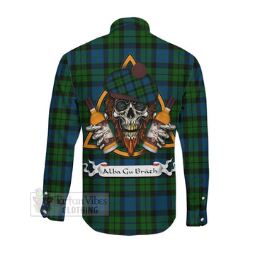 Tartan Vibes Clothing MacKie (McKie) Tartan Long Sleeve Button Shirt with Family Crest and Bearded Skull Holding Bottles of Whiskey