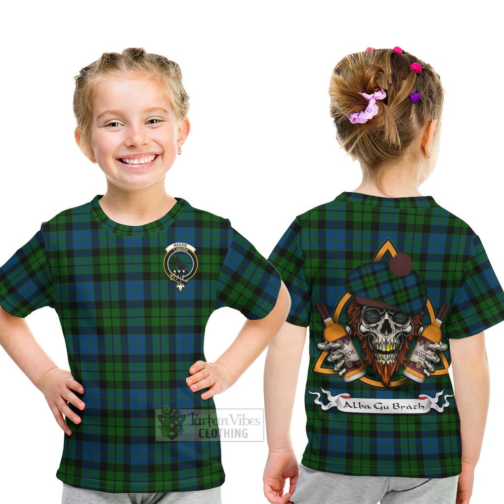 Tartan Vibes Clothing MacKie (McKie) Tartan Kid T-Shirt with Family Crest and Bearded Skull Holding Bottles of Whiskey