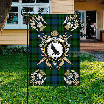 MacKie (McKie) Tartan Garden Flag with Family Crest and Golden Thistle Crossed Sword Design