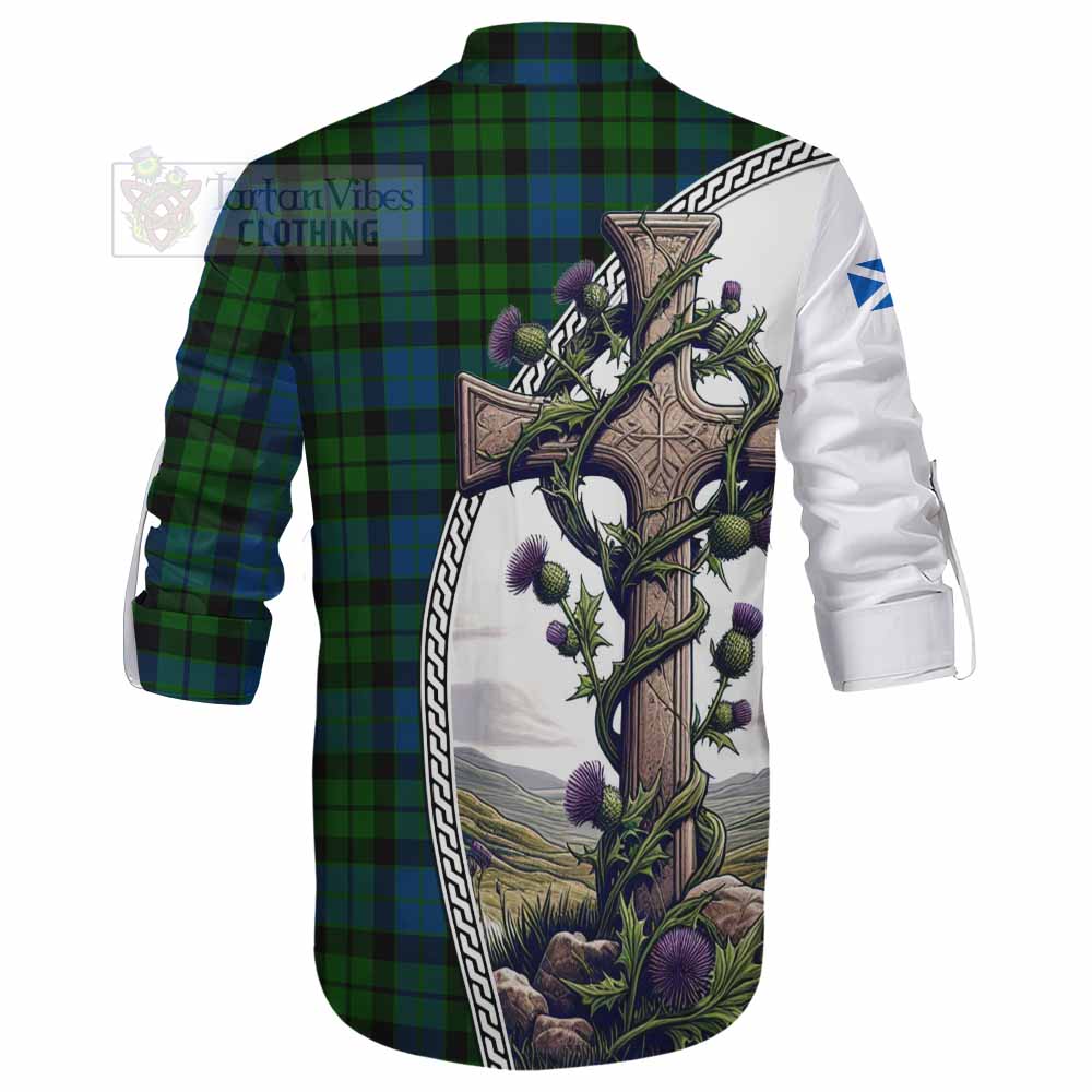Tartan Vibes Clothing MacKie (McKie) Tartan Ghillie Kilt Shirt with Family Crest and St. Andrew's Cross Accented by Thistle Vines
