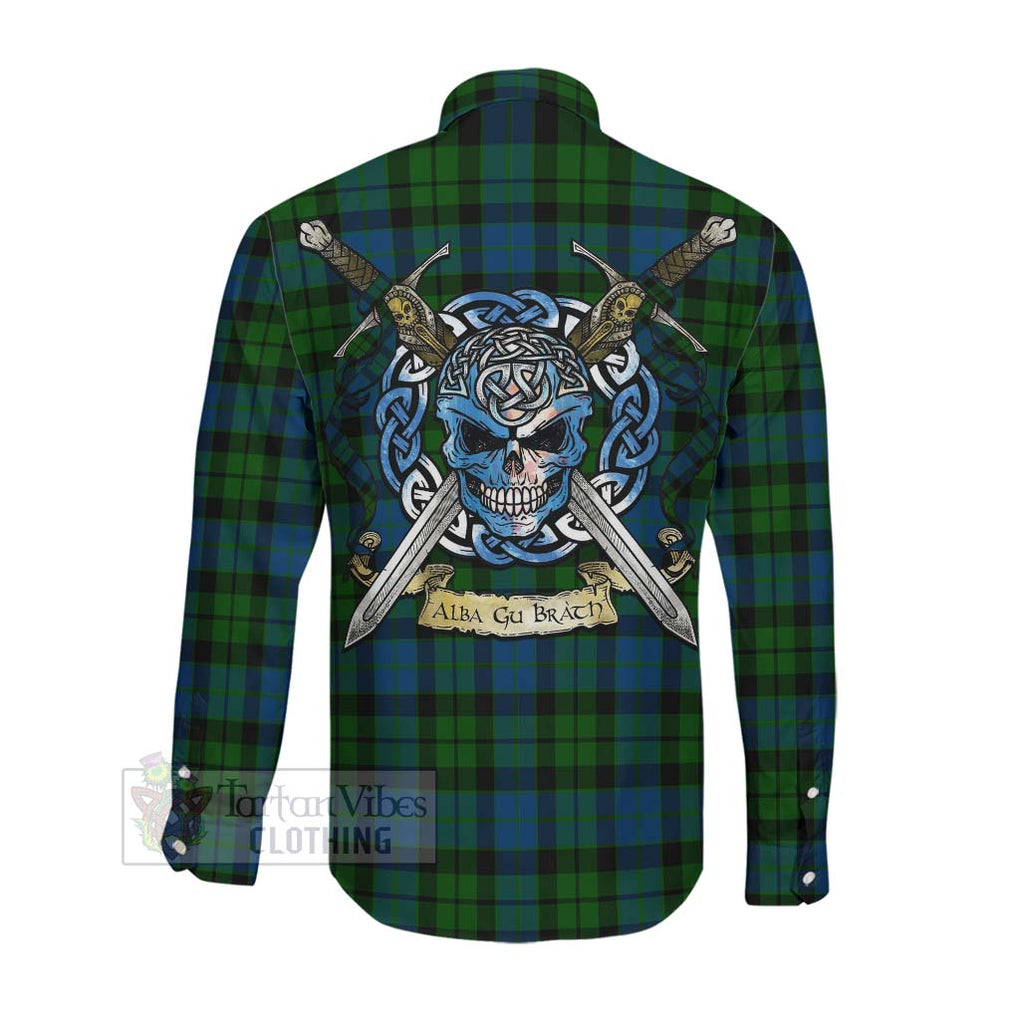 Tartan Vibes Clothing MacKie (McKie) Tartan Long Sleeve Button Shirt with Family Crest Celtic Skull Style