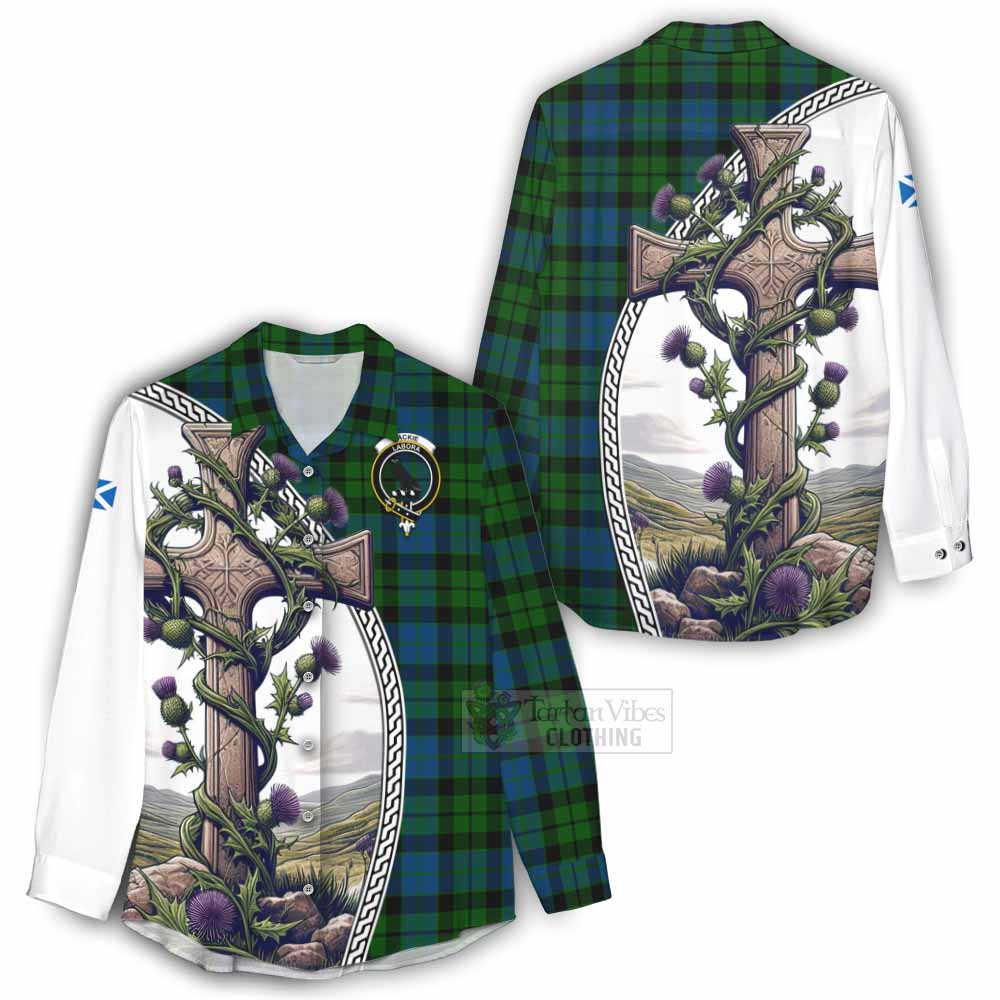 Tartan Vibes Clothing MacKie (McKie) Tartan Women's Casual Shirt with Family Crest and St. Andrew's Cross Accented by Thistle Vines
