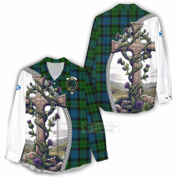 Tartan Vibes Clothing MacKie (McKie) Tartan Women's Casual Shirt with Family Crest and St. Andrew's Cross Accented by Thistle Vines