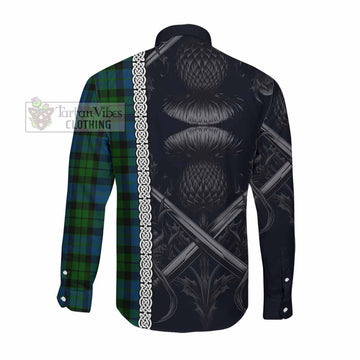 Tartan Vibes Clothing MacKie (McKie) Tartan Long Sleeve Button Shirt with Family Crest Cross Sword Thistle Celtic Vibes
