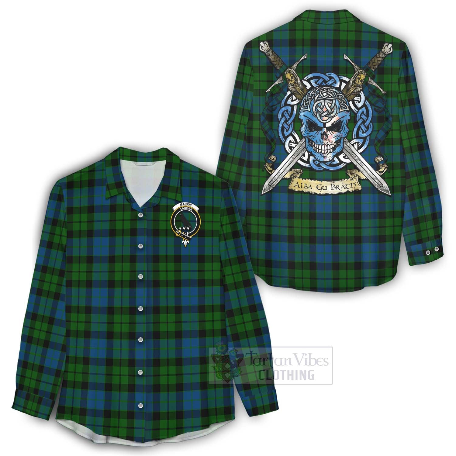 Tartan Vibes Clothing MacKie (McKie) Tartan Women's Casual Shirt with Family Crest Celtic Skull Style