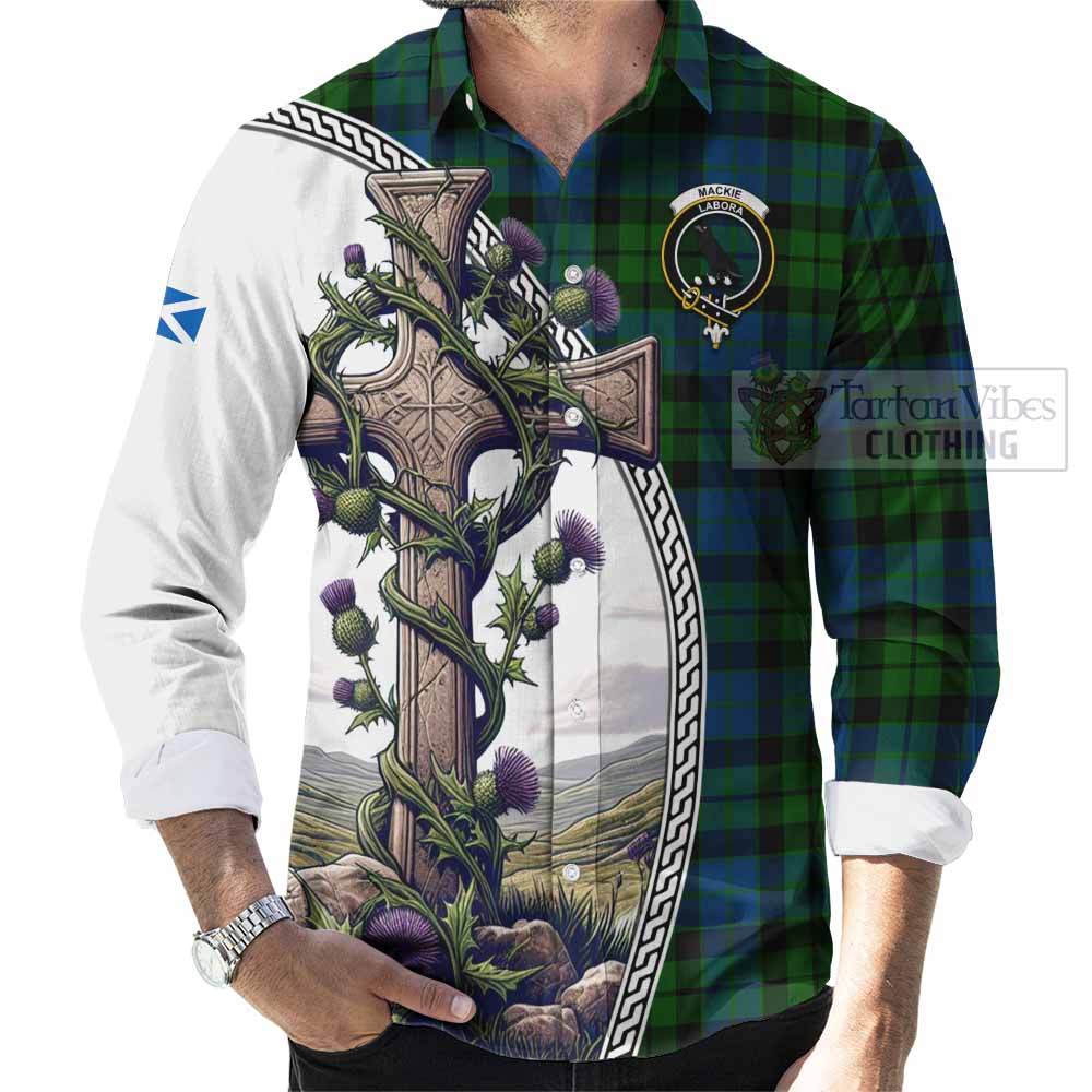 Tartan Vibes Clothing MacKie (McKie) Tartan Long Sleeve Button Shirt with Family Crest and St. Andrew's Cross Accented by Thistle Vines