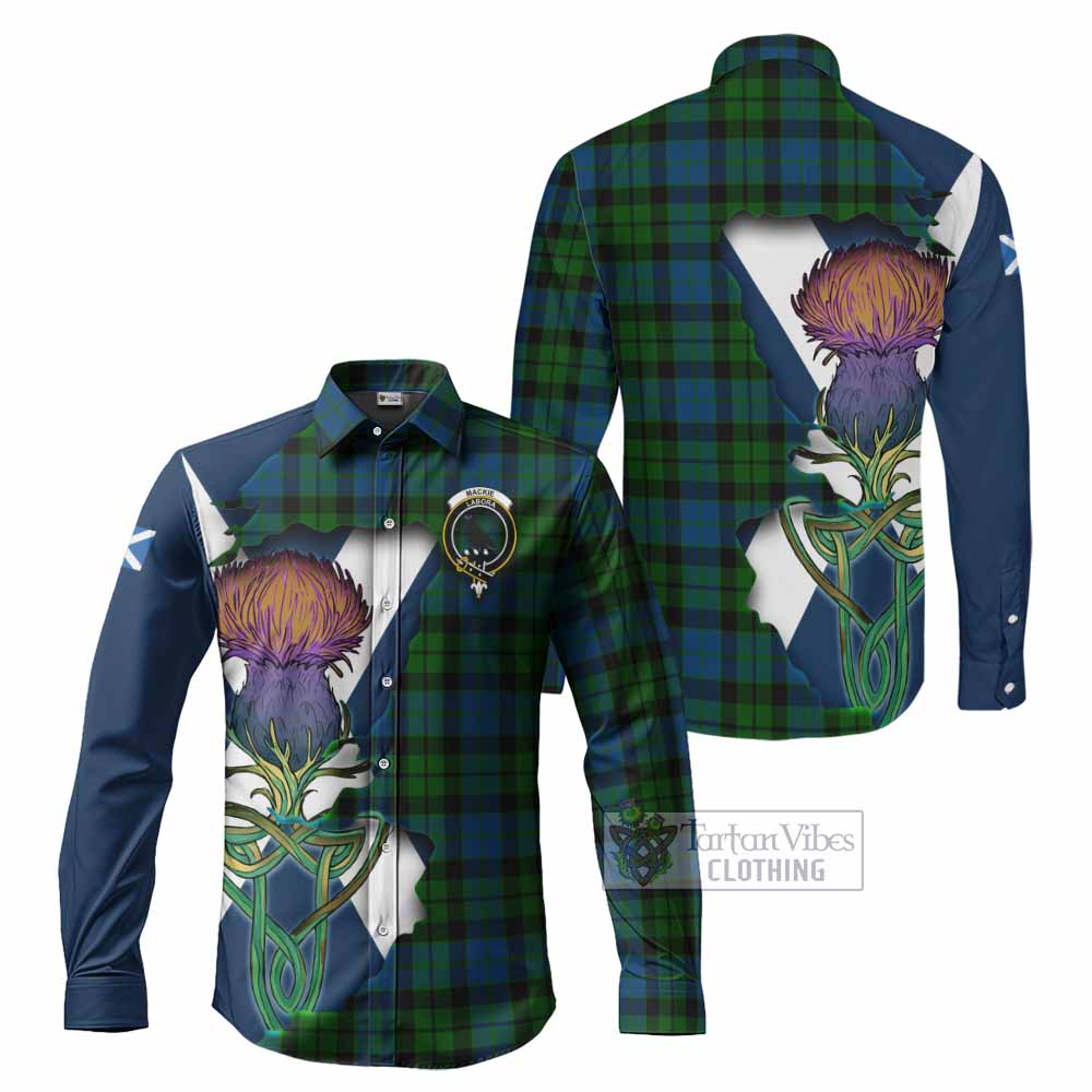 Tartan Vibes Clothing MacKie (McKie) Tartan Family Crest Long Sleeve Button Shirt Scottish Thistle Celtic Inspired