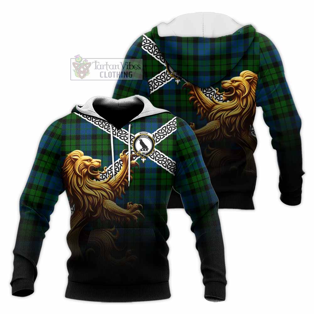 Tartan Vibes Clothing MacKie (McKie) Crest Tartan Knitted Hoodie with Golden Lion Emblem Celtic Style