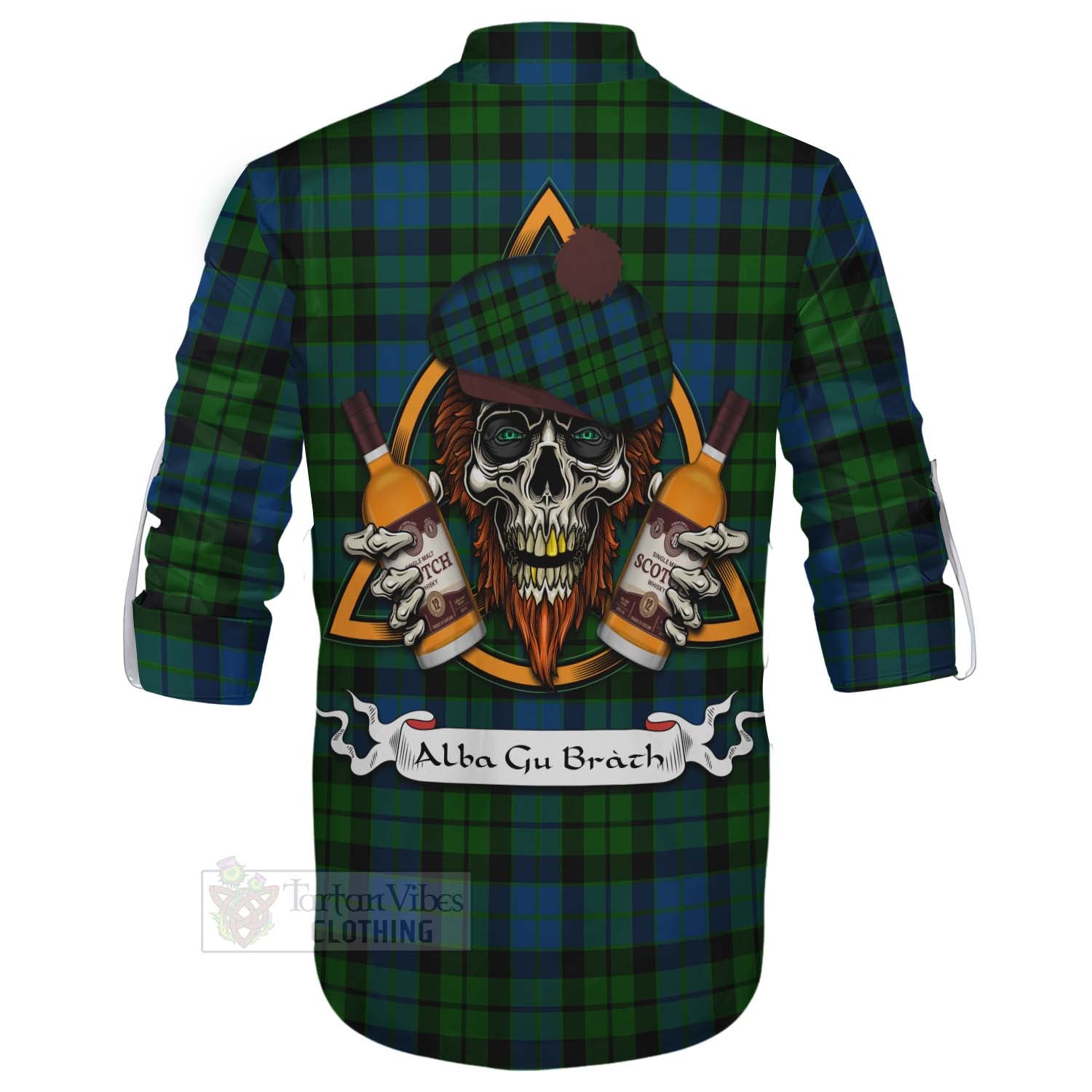 Tartan Vibes Clothing MacKie (McKie) Tartan Ghillie Kilt Shirt with Family Crest and Bearded Skull Holding Bottles of Whiskey