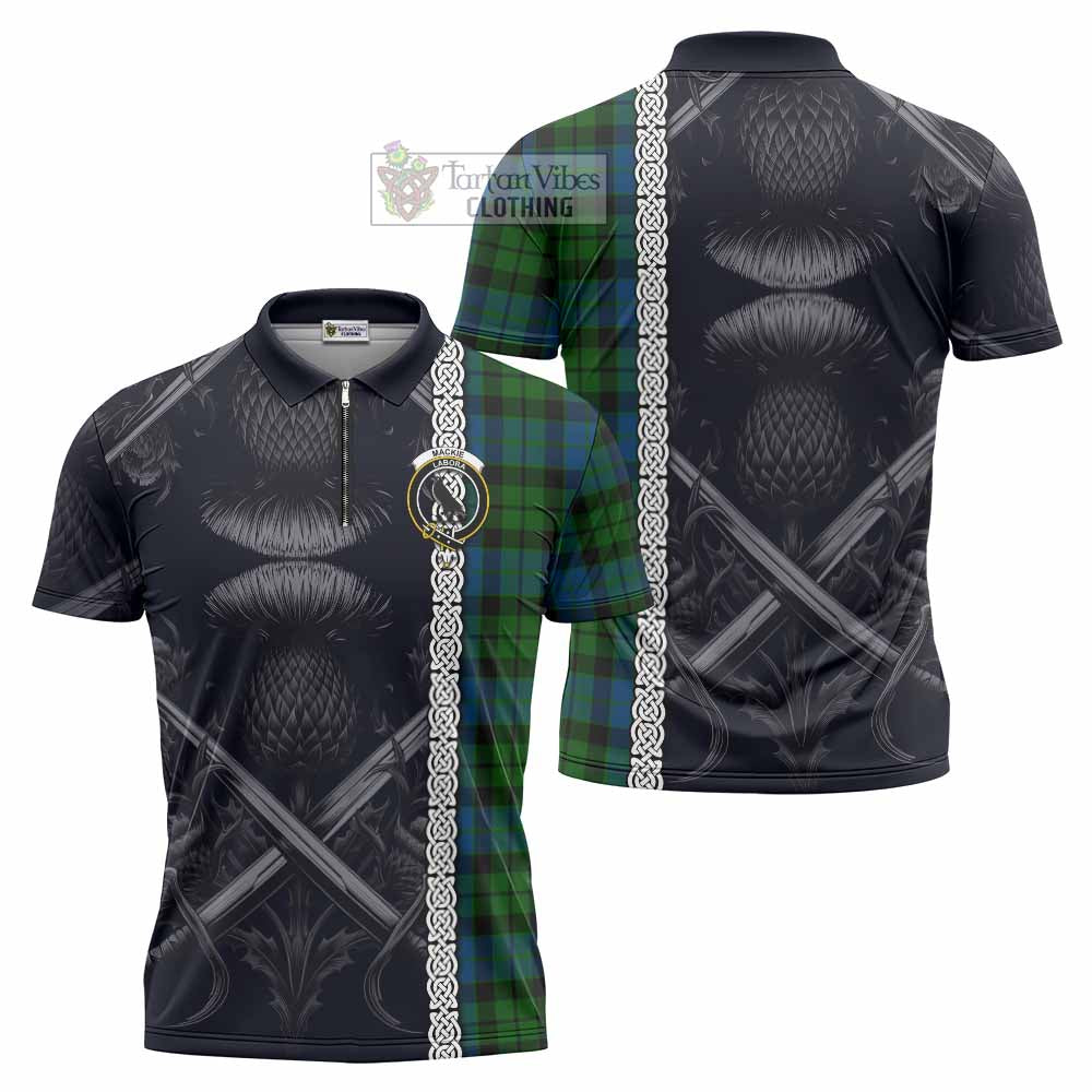 Tartan Vibes Clothing MacKie (McKie) Tartan Zipper Polo Shirt with Family Crest Cross Sword Thistle Celtic Vibes