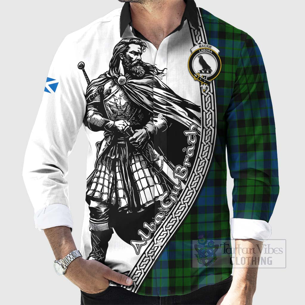 Tartan Vibes Clothing MacKie (McKie) Tartan Clan Crest Long Sleeve Button Shirt with Highlander Warrior Celtic Style