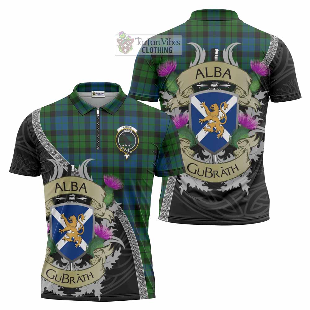 Tartan Vibes Clothing MacKie (McKie) Tartan Family Crest Zipper Polo Shirt Lion Rampant Royal Thistle Shield Celtic Inspired