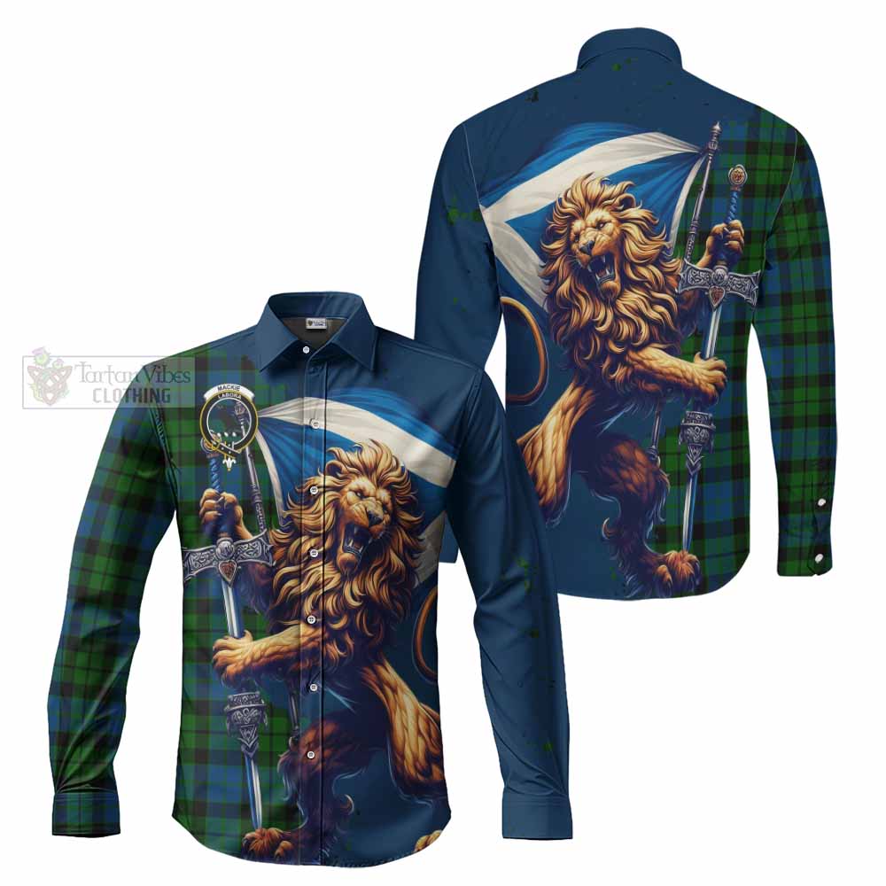 Tartan Vibes Clothing MacKie (McKie) Tartan Family Crest Long Sleeve Button Shirt with Scottish Majestic Lion