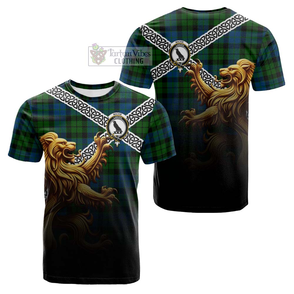 Tartan Vibes Clothing MacKie (McKie) Crest Tartan Cotton T-shirt with Golden Lion Emblem Celtic Style