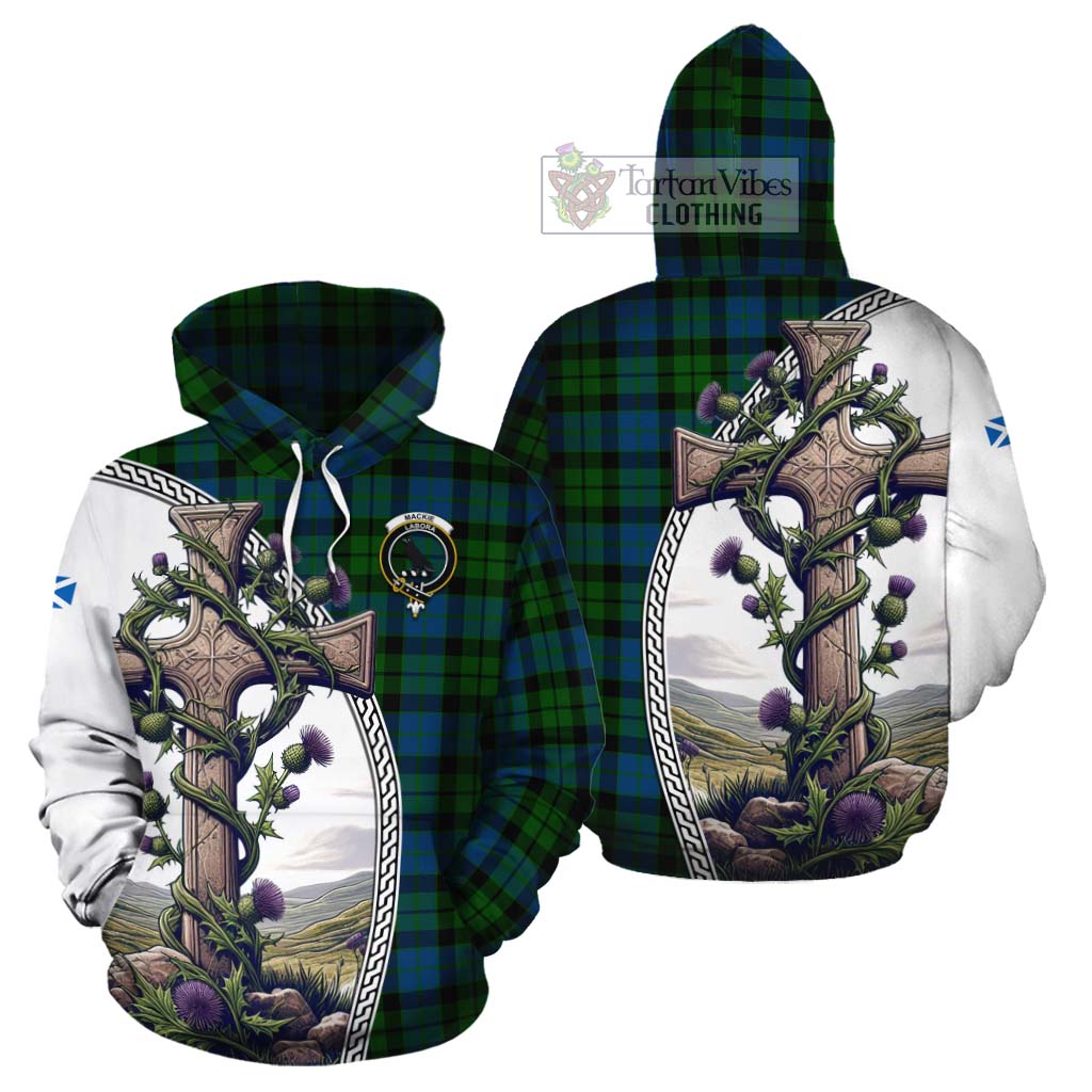 Tartan Vibes Clothing MacKie (McKie) Tartan Cotton Hoodie with Family Crest and St. Andrew's Cross Accented by Thistle Vines
