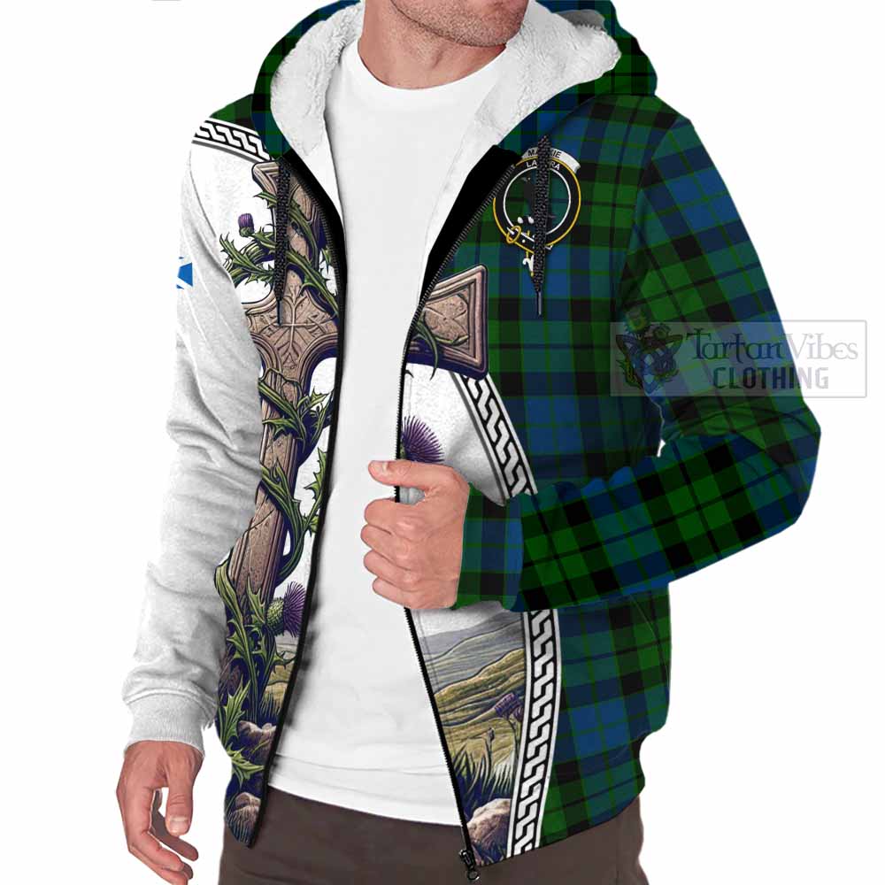 Tartan Vibes Clothing MacKie (McKie) Tartan Sherpa Hoodie with Family Crest and St. Andrew's Cross Accented by Thistle Vines