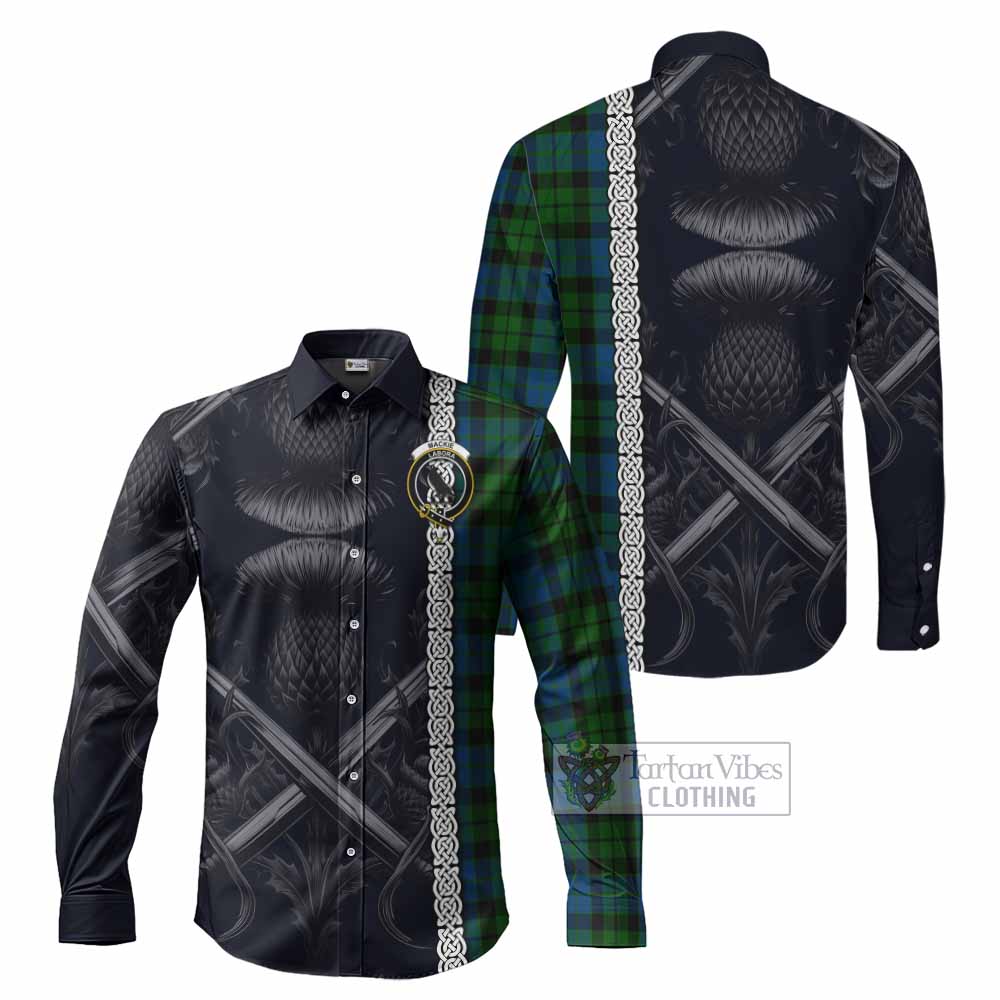 Tartan Vibes Clothing MacKie (McKie) Tartan Long Sleeve Button Shirt with Family Crest Cross Sword Thistle Celtic Vibes