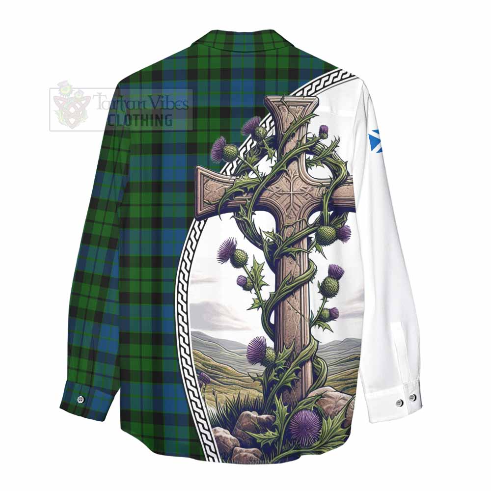 Tartan Vibes Clothing MacKie (McKie) Tartan Women's Casual Shirt with Family Crest and St. Andrew's Cross Accented by Thistle Vines