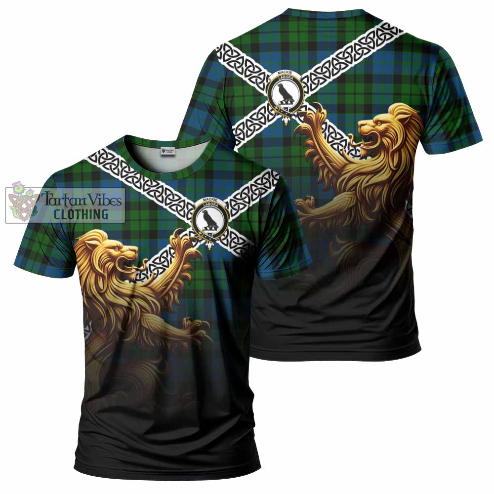 Tartan Vibes Clothing MacKie (McKie) Crest Tartan T-Shirt with Golden Lion Emblem Celtic Style