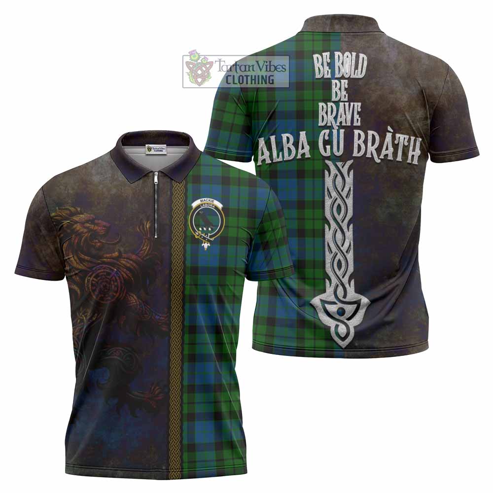 Tartan Vibes Clothing MacKie (McKie) Tartan Family Crest Zipper Polo Shirt Alba Gu Brath Be Brave Lion Ancient Style