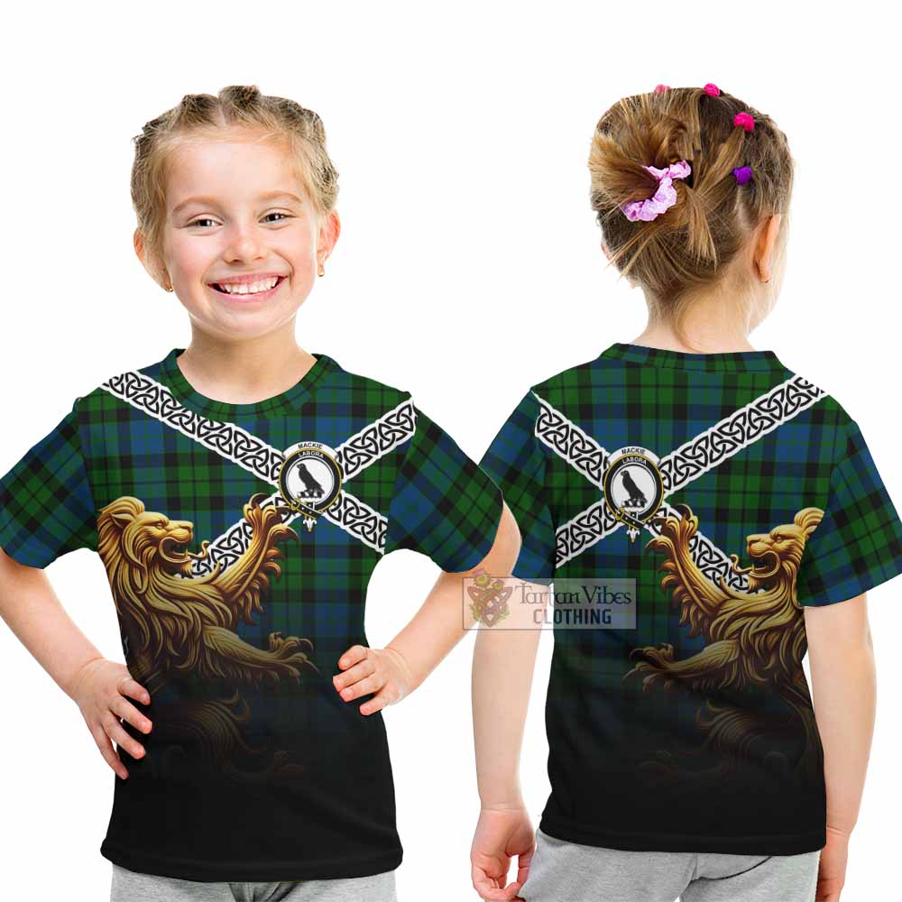 Tartan Vibes Clothing MacKie (McKie) Crest Tartan Kid T-Shirt with Golden Lion Emblem Celtic Style