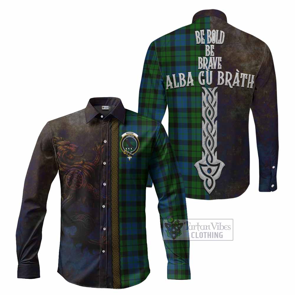 Tartan Vibes Clothing MacKie (McKie) Tartan Family Crest Long Sleeve Button Shirt Alba Gu Brath Be Brave Lion Ancient Style
