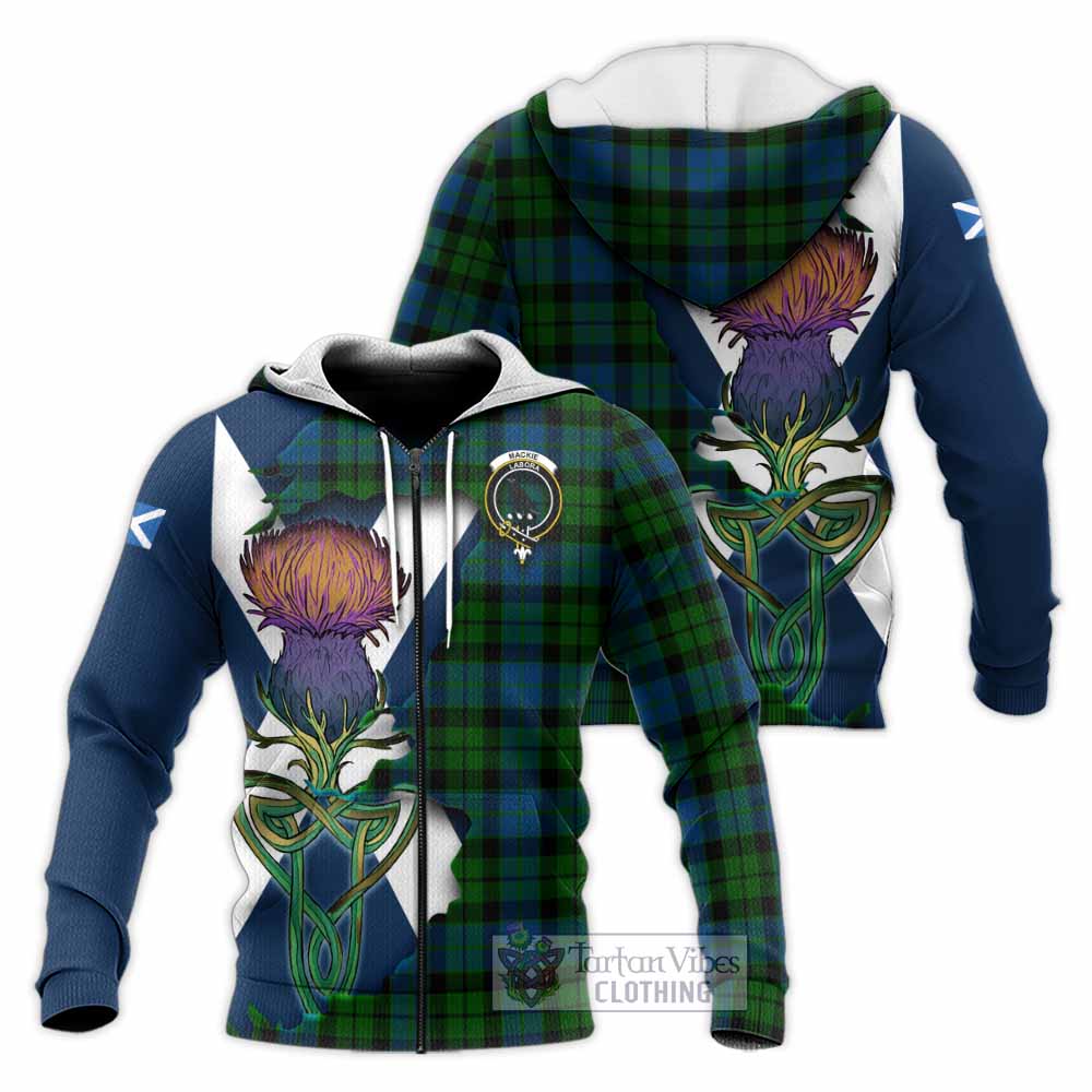 Tartan Vibes Clothing MacKie (McKie) Tartan Family Crest Knitted Hoodie Scottish Thistle Celtic Inspired