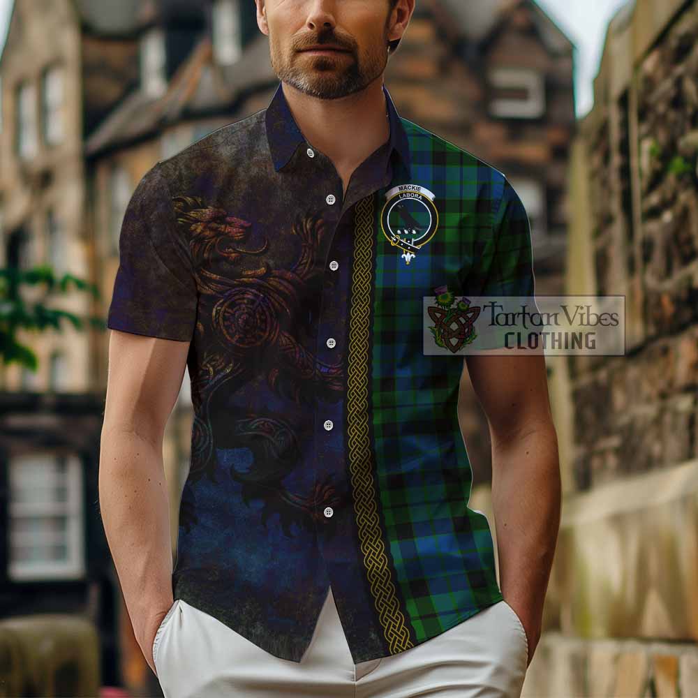 Tartan Vibes Clothing MacKie (McKie) Tartan Family Crest Short Sleeve Button Shirt Alba Gu Brath Be Brave Lion Ancient Style