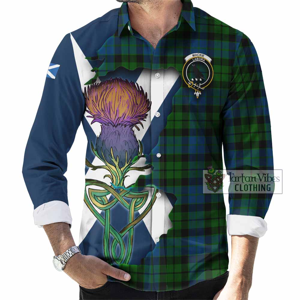 Tartan Vibes Clothing MacKie (McKie) Tartan Family Crest Long Sleeve Button Shirt Scottish Thistle Celtic Inspired
