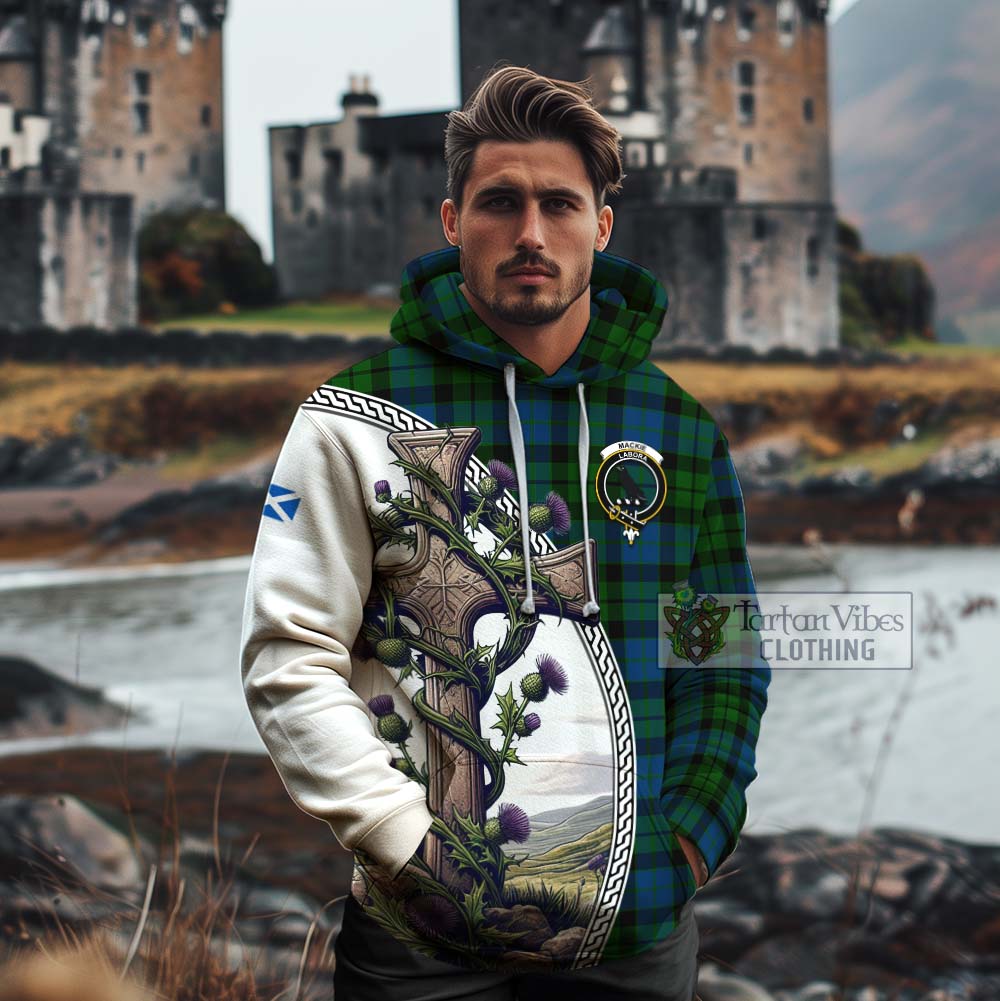 Tartan Vibes Clothing MacKie (McKie) Tartan Cotton Hoodie with Family Crest and St. Andrew's Cross Accented by Thistle Vines