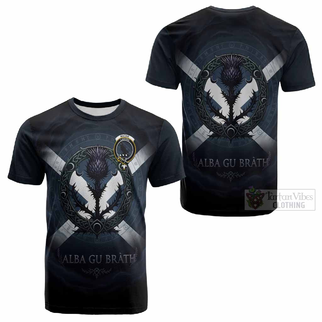 MacKie (McKie) Clan Crest Cotton T-shirt with Celtic Knot Thistle and Saltire