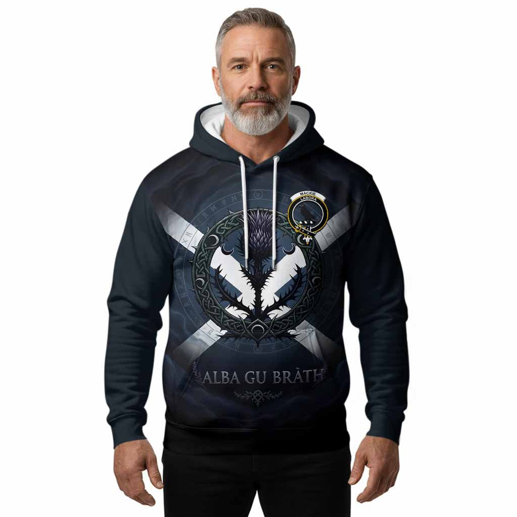 MacKie (McKie) Clan Crest Hoodie with Celtic Knot Thistle and Saltire