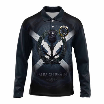 MacKie (McKie) Clan Crest Long Sleeve Polo Shirt with Celtic Knot Thistle and Saltire