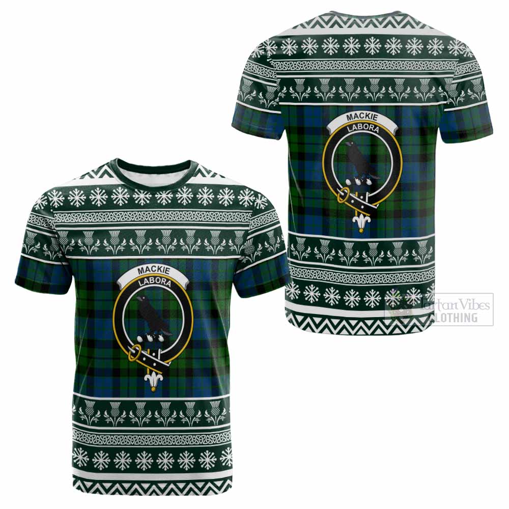 MacKie (McKie) Clan Tartan Christmas Cotton T-shirt with Family Crest - Tartan Vibes Clothing