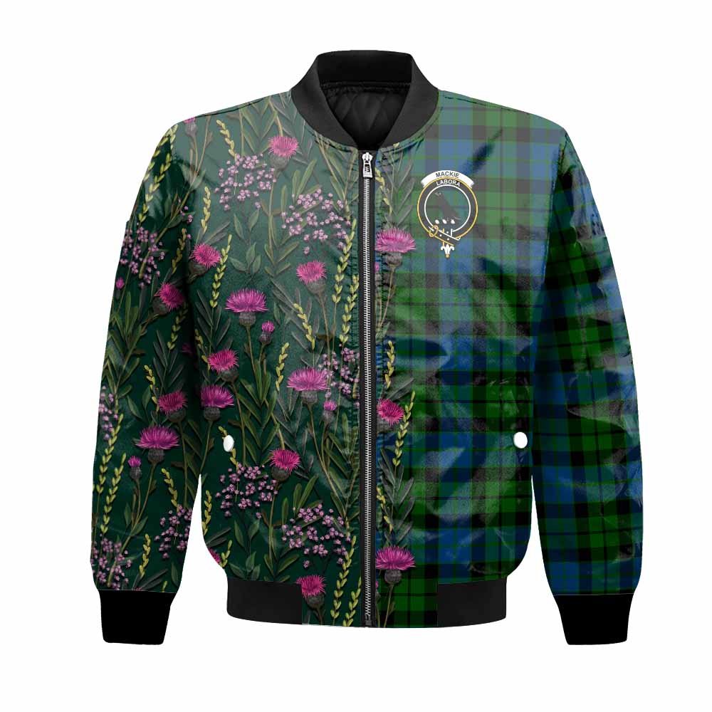 MacKie (McKie) Family Crest Tartan Bomber Jacket Scottish Thistle Flower Pattern Half Style - Tartan Vibes Clothing