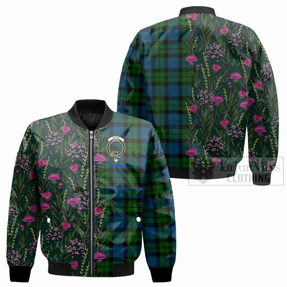 MacKie (McKie) Family Crest Tartan Bomber Jacket Scottish Thistle Flower Pattern Half Style - Tartan Vibes Clothing